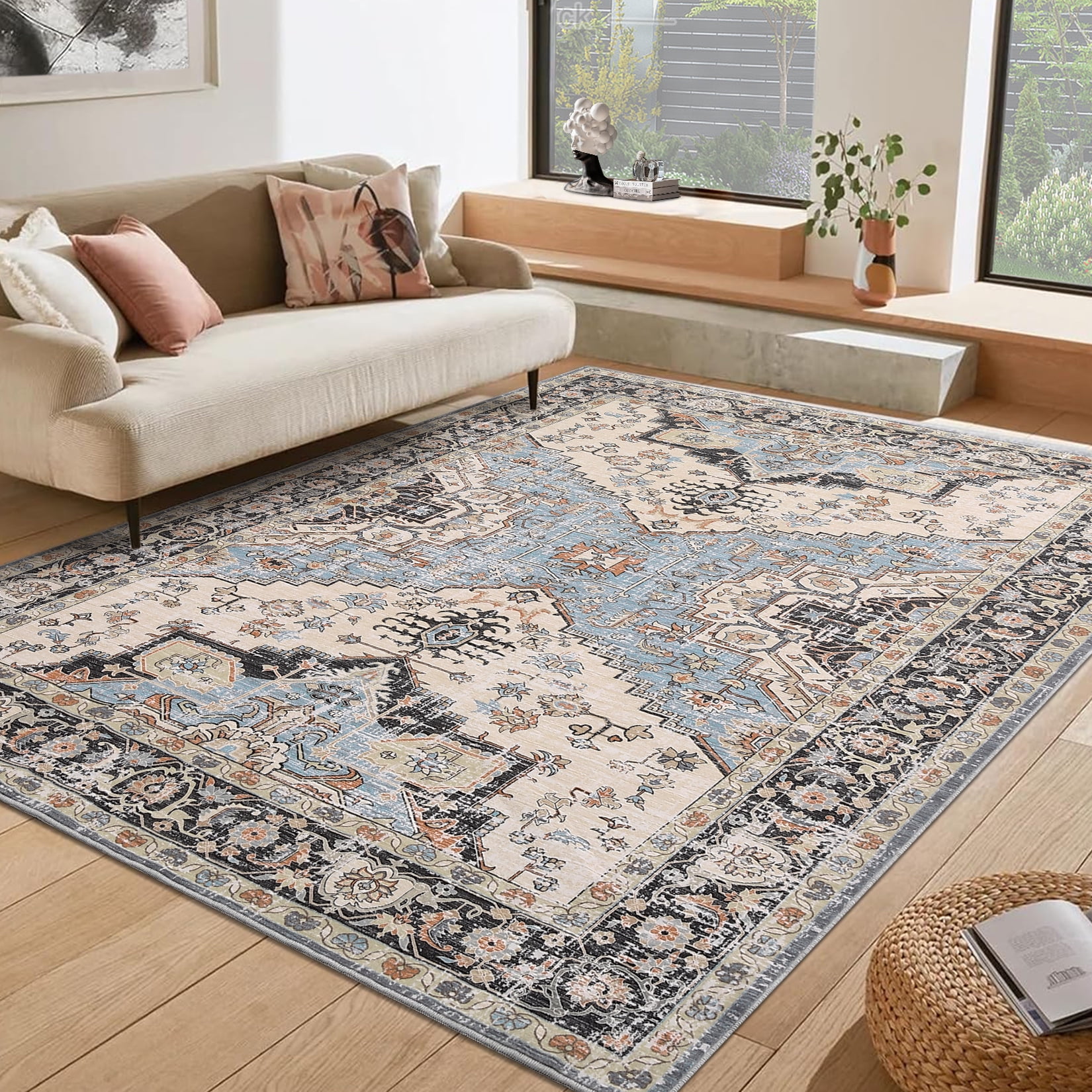 8x10 Vintage Style Area Rug - Machine Washable, Low Pile & Non-Slip For Living Room