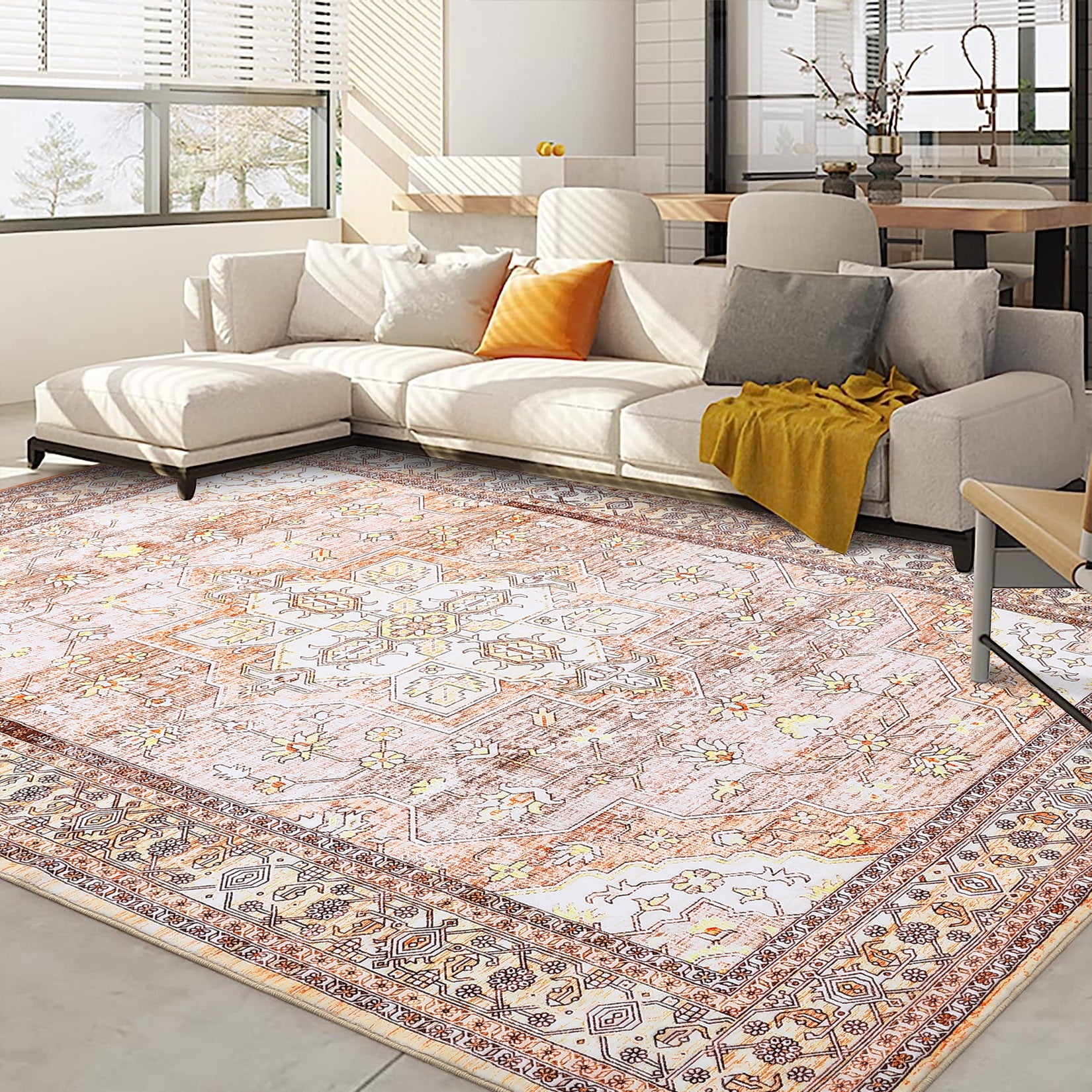 GlowSol 8'x10' Vintage Rug Washable Area Rugs Floral Printed Distressed Rug Persian Rug Non-Shedding Rug for Dining Room Home Office, Brown