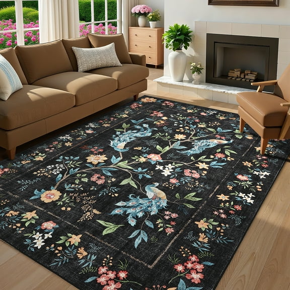 GlowSol 8'x10' Washable Area Rug Floral Peacock Print Rug Soft Non Slip Low Pile Accent Rugs for Living Room Bedroom, Black