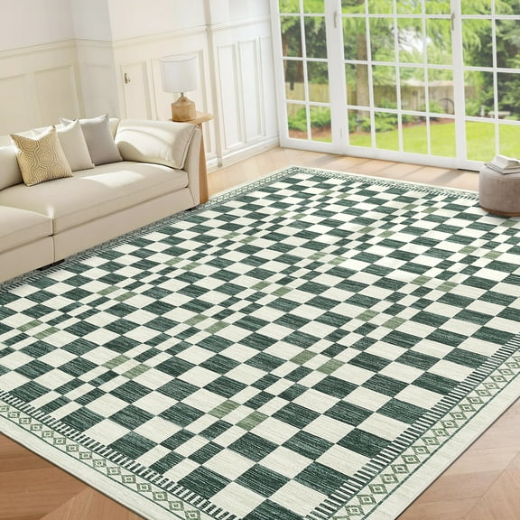 GlowSol 8'x10' Washable Geometric Checkered Area Rug Soft Non-Slip Low Pile Modern Rug Indoor Home Decor for Living Room Bedroom, Green