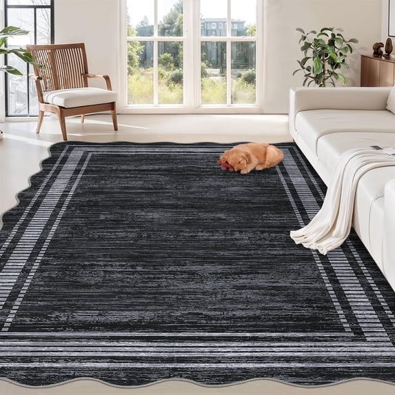GlowSol 8'x10' Washable Irregular Area Rug, Modern Bordered Living Room Rugs, Washable Scalloped Carpet for Bedroom, Black