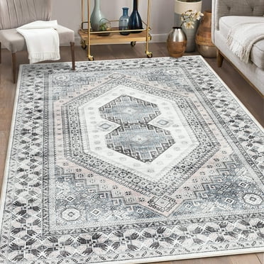 GlowSol 8'x10' Washable Vintage Persian Area Rug Non-Shedding Low Pile Soft Carpet Boho Non-Slip Accent Rug for Dining Room Home Office, Beige Gray