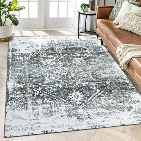 GlowSol 8x10 Area Rug Washable Traditional Medallion Rug Oriental Print Rug Anti-Slip Non Shedding Distressed Rug for Home Decor, Gray