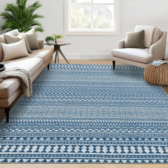 GlowSol 8x10 Boho Washable Area Rug, Blue White Abstract Line Soft Low-Profile Non-Slip Floor Mat for Bedroom Living Room Office