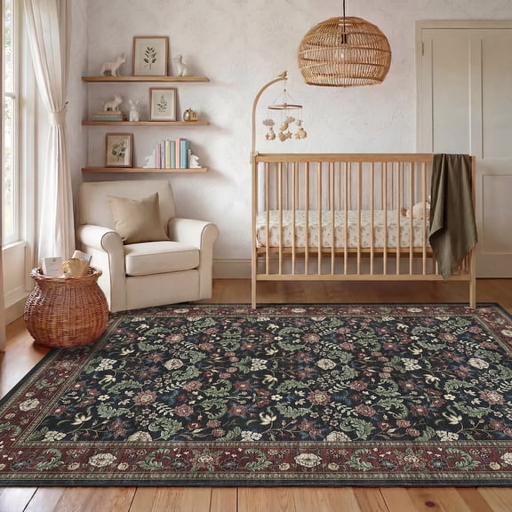 GlowSol 8x10 Brick Red Floral Printed Polyester Area Rug, Ultra Thin Stain Resistant Washable Non Slip Indoor Rug for Living Room Bedroom
