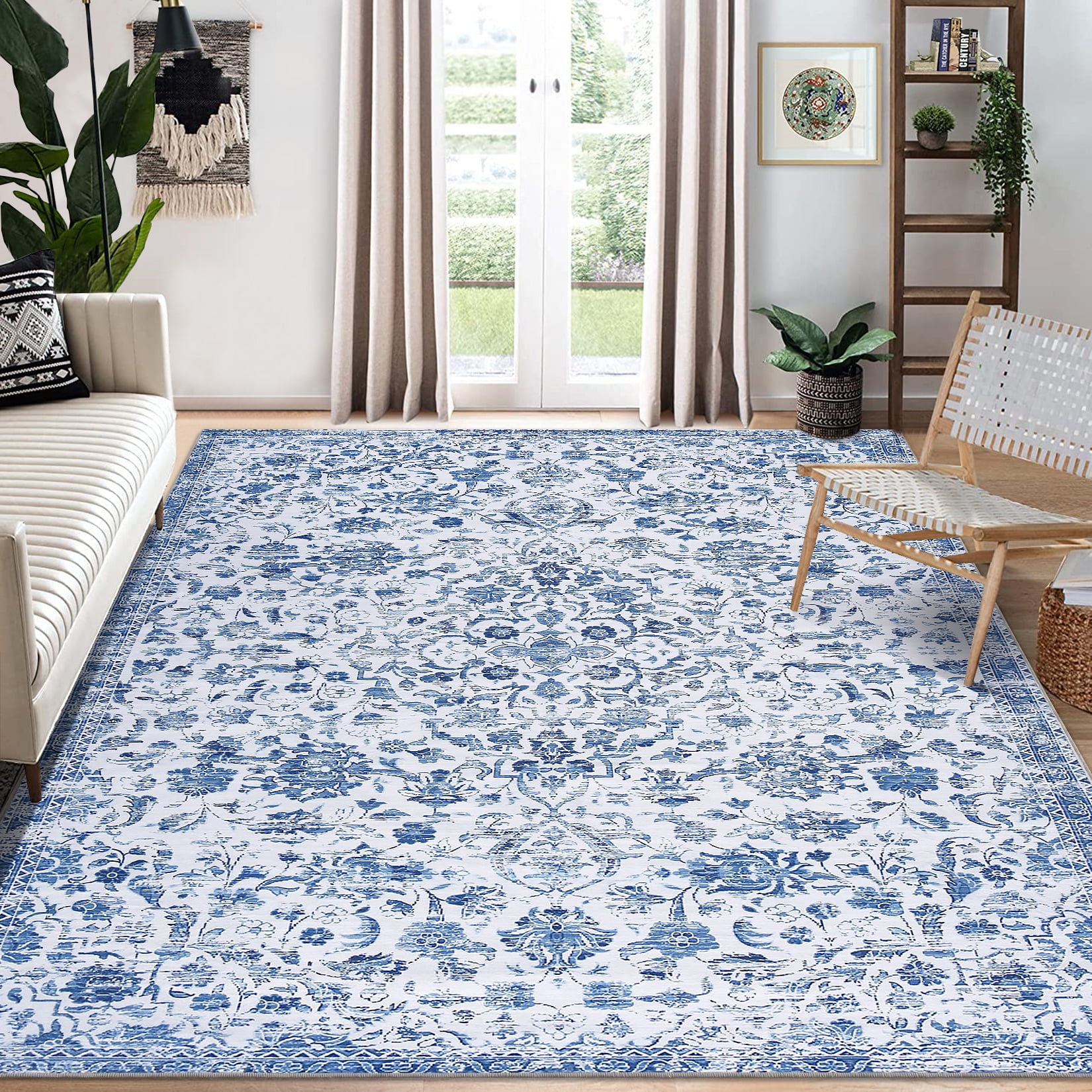 Blue Floral Synthetic 8' x 10' Washable Area Rug