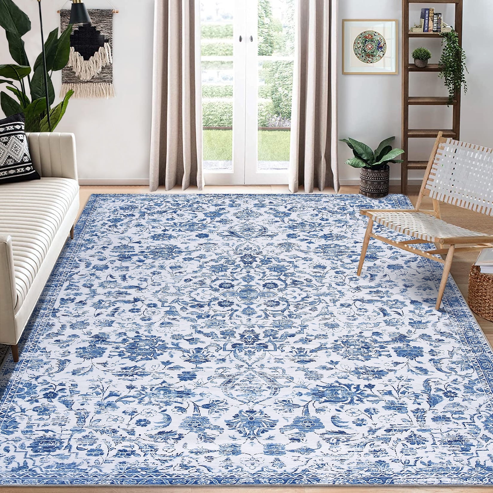Blue Floral Synthetic 8' x 10' Washable Area Rug