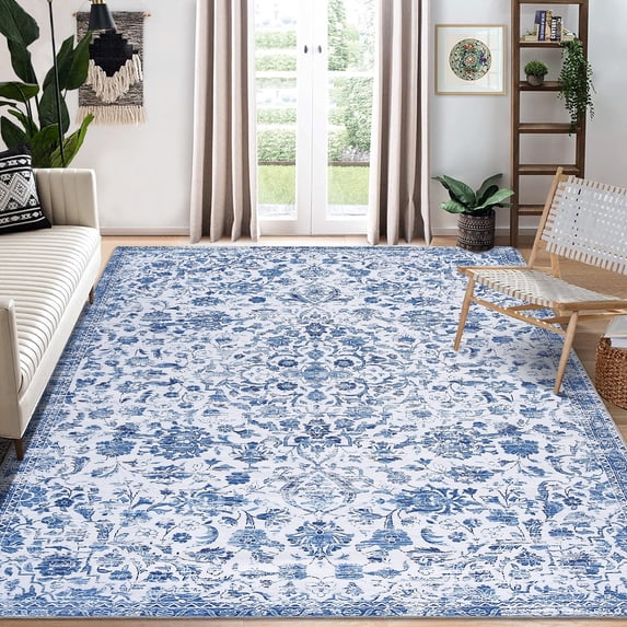 GlowSol 8x10 Floral Area Rug for Living Room Bedroom Retro Distressed Area Rug Traditional Medallion Non-Slip Low Pile Carpet Floor Decoration, Blue