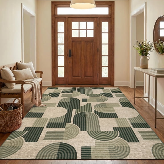 GlowSol 8x10 Green Geometric Jute-Look Washable Area Rug, Low Pile Non-Shed Stain Resistant Mat for Kitchen Bedroom Living Room