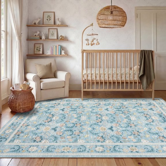 GlowSol 8x10 Light Blue Floral Printed Polyester Area Rug, Ultra Thin Stain Resistant Washable Non Slip Indoor Rug for Living Room Bedroom