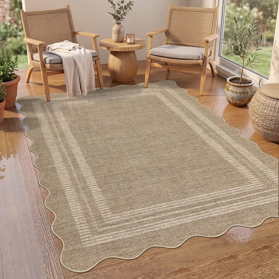 GlowSol 8x10 Linen color Washable Area Rug Non-Slip Low Pile Linen Polyester Living Room Bedroom Office Carpet