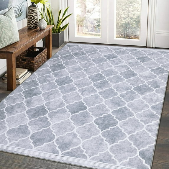 GlowSol 8x10 Machine Washable Rug Moroccan Geometric Area Rug Boho Rug Non-Shedding Stain-Resistant Accent Carpet for Dining Room Office, Light Gray