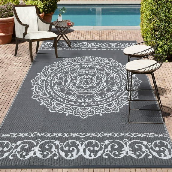 GlowSol 8x10 Outdoor Rug for Picnic Beach Deck-Outdoor Waterproof Patio Rug Indoor Outdoor Area Rug Reversible Rug, Gray/White