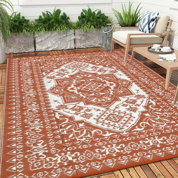 GlowSol 8x10 Outdoor Rug for Picnic Beach Deck-Outdoor Waterproof Patio Rug Indoor Outdoor Vintage Medallion Area Rug Reversible Rug, Brick Red/White