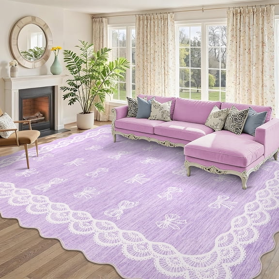 GlowSol 8x10 Purple Scalloped Bow Rug, Low Pile Non-Slip TPR Washable Rug Ideal for Living Room Bedroom Nursery Farmhouse