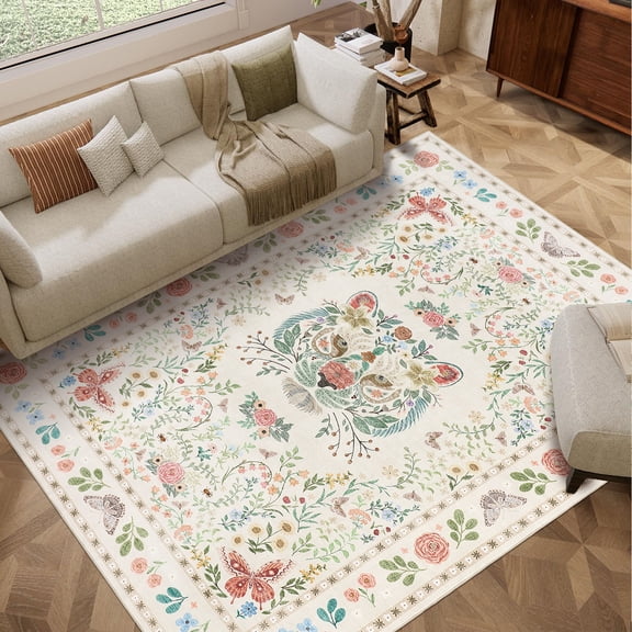 GlowSol 8x10 Tiger Floral Beige Washable Area Rug, Anti-Slip Low Pile Non-Shedding for Office Dining Room Bedroom