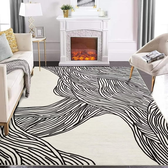 GlowSol 8x10 Washable Rug for Living Room Indoor Stripes Print Accent Rug Soft Faux Wool Rug Non Slip Backing Low Pile Rug for Dining Room Office, Black White