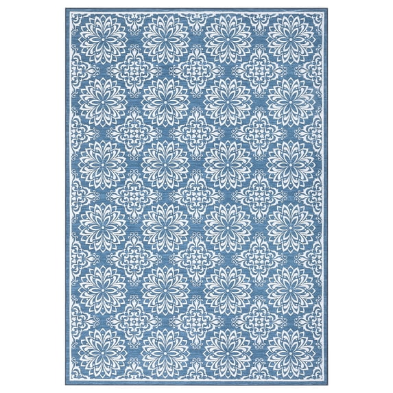 GlowSol 8x10 Washable Rugs for Living Room Anti-Slip Non-Shedding Modern Floral Print Accent Rug Soft Faux Wool Throw Carpet, Blue