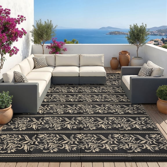 GlowSol 9*12 Outdoor Rug Waterproof Reversible - Boho Leaf Woven Mat with 6 Stakes & Storage Bag, Large Patio Rug for Camping, Picnic, Deck, Backyard,Easy Clean, Lightweight, Foldable,Black Coffee