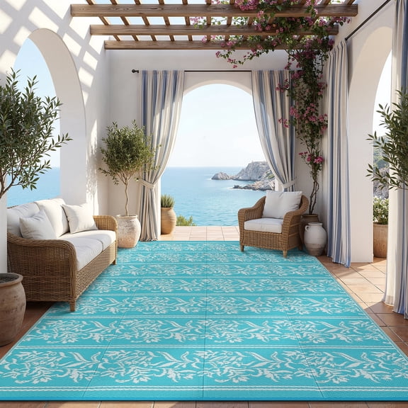 GlowSol 9*18 Outdoor Rug Waterproof Reversible - Boho Leaf Woven Mat with 10 Stakes & Storage Bag，Large Patio Rug for Camping，Picnic，Deck，Backyard，Easy Clean，Lightweight，Foldable，Light blue White