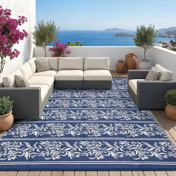 GlowSol 9*18 Outdoor Rug Waterproof Reversible - Boho Leaf Woven Mat with 7 Stakes & Storage Bag, Large Patio Rug for Camping, Picnic, Deck, Backyard，Easy Clean, Lightweight, Foldable，Dark blue White