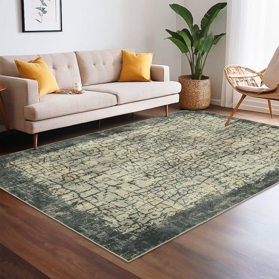 GlowSol 9' x 12' Abstract Rug Modern Farmhouse Area Rugs for Living Room Bedroom Non Slip Low Pile Foldable Throw Rug, Green