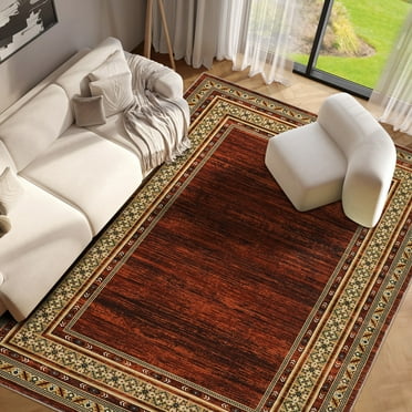 GlowSol 9' x 12' Area Rug Modern Bordered Rug Floral Washable Rugs Low Pile Non-Slip Rugs for Living Room Bedroom, Red