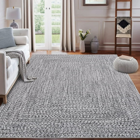 GlowSol 9' x 12' Area Rug Modern Braided Print Rugs for Living Room Bedroom Non-Slip Low Pile Accent Rug Washable Floor Cover, Gray
