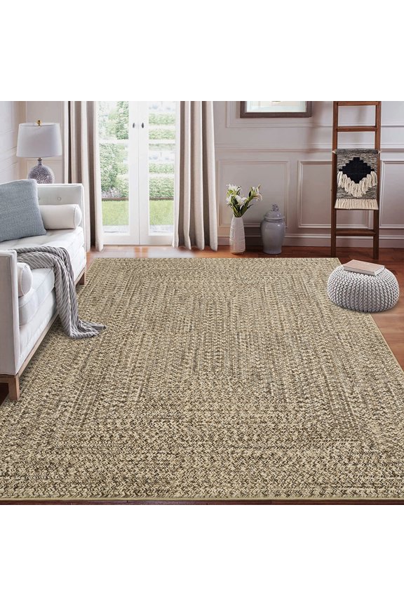 9' x 12' Area Rug Modern Braided Print Rugs for Living Room Bedroom Non-Slip Low Pile Accent Rug Washable Floor Cover, Natural