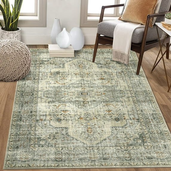 GlowSol 9' x 12' Area Rug Washable Rugs for Living Room Vintage Medallion Rug Floral Print Accent Rug Non-Slip Rug, Beige Brown
