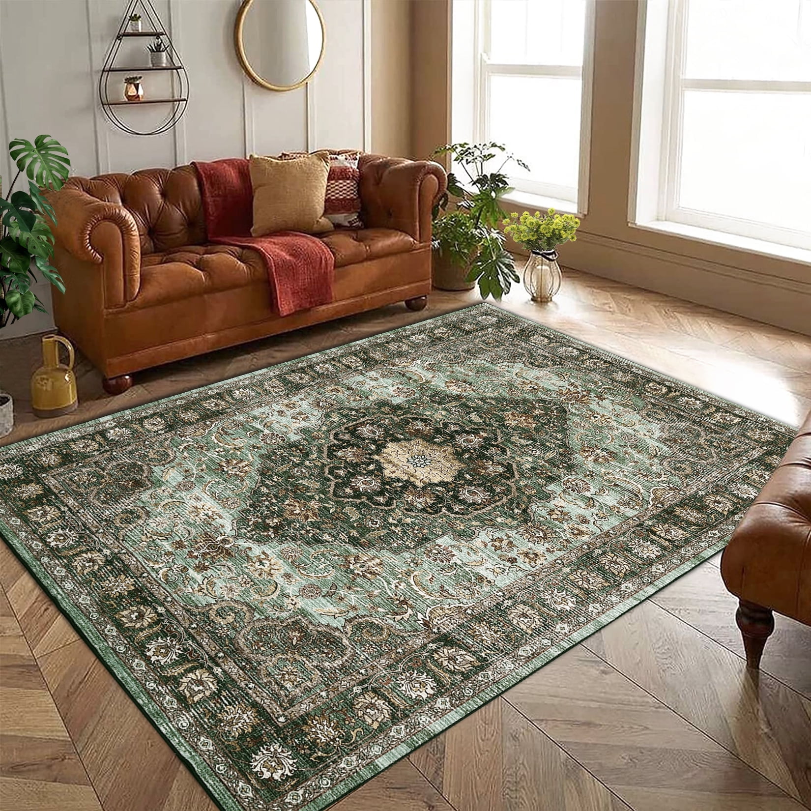 Green 9' x 12' Vintage Floral Washable Area Rug