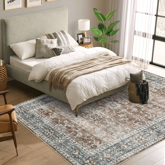 GlowSol 9' x 12' Area Rug Washable Rugs for Living Room Vintage Rug Floral Print Accent Rug Non-Slip Rug, Khaki