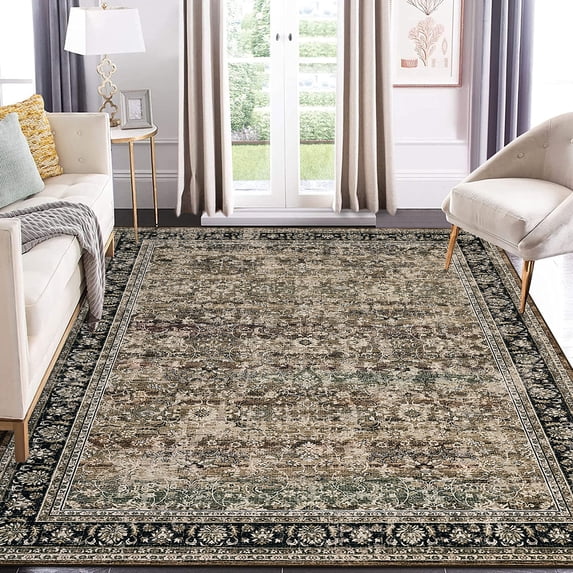 GlowSol 9' x 12' Area Rugs for Living Room Bedroom Vintage Distressed Floral Rugs Soft Foldable Rug, Brown