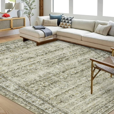 GlowSol 9' x 12' Area Rugs for Living Room Bedroom Vintage Distressed Floral Rugs Soft Foldable Rug, Tan