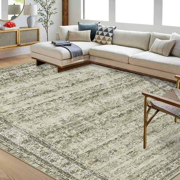 GlowSol 9' x 12' Area Rugs for Living Room Bedroom Vintage Distressed Floral Rugs Soft Foldable Rug, Tan