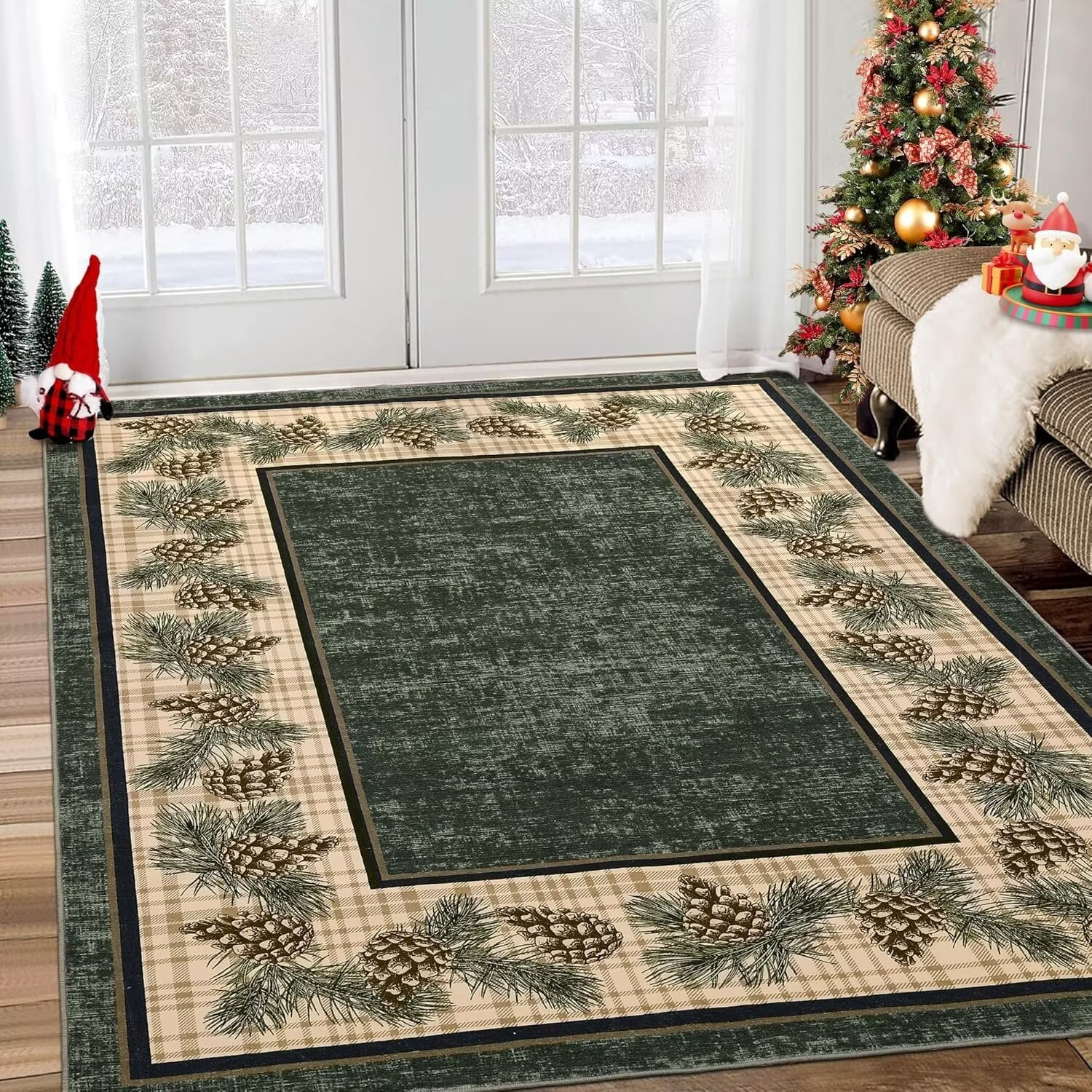 GlowSol 9' x 12' Christmas Area Rug Xmas Pine Cones Pattern Rug Plaid ...