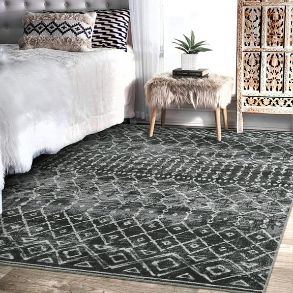GlowSol 9' x 12' Extra Large Rug Machine Washable Rug Boho Moroccan Area Rug Geometric Distressed Rug Soft Non-Slip Accent Rug for Living Room Bedroom, Black