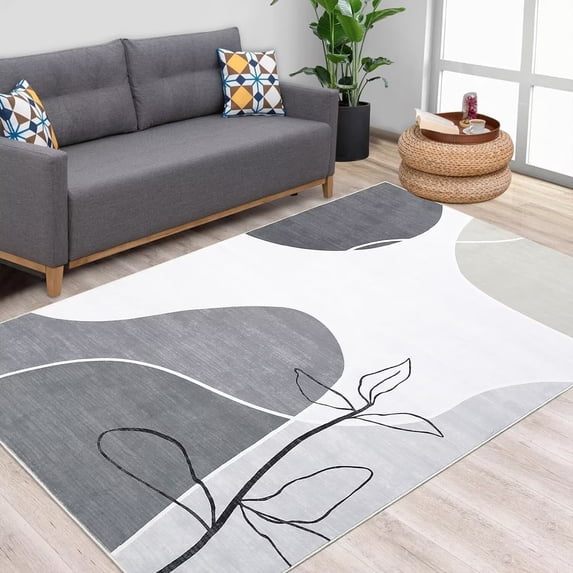 GlowSol 9' x 12' Large Area Rug Machine Washable Indoor Carpet Art Non-Slip Abstract Rug Floral Pattern Print Non-Shedding Carpet for Living Room Bedroom, Gray/Multi