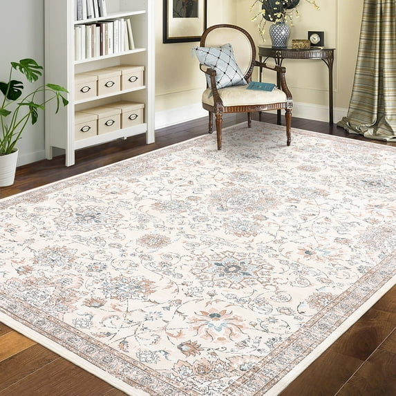 GlowSol 9' x 12' Large Area Rug Vintage Floral Print Rug Non Slip Low Pile Rug Soft Foldable Accent Rugs for Living Room Bedroom, Beige