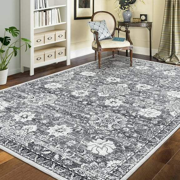 GlowSol 9' x 12' Large Area Rug Vintage Floral Print Rug Non Slip Low Pile Rug Soft Foldable Accent Rugs for Living Room Bedroom, Dark Gray