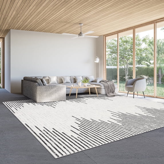 GlowSol 9' x 12' Large Washable Rug Geometric Striped Area Rug Soft Non Slip Low Pile Stain Resistant Carpet for Living Room Bedroom, Beige