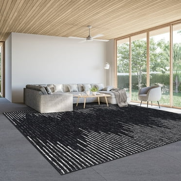 GlowSol 9' x 12' Large Washable Rug Geometric Striped Area Rug Soft Non Slip Low Pile Stain Resistant Carpet for Living Room Bedroom, Black