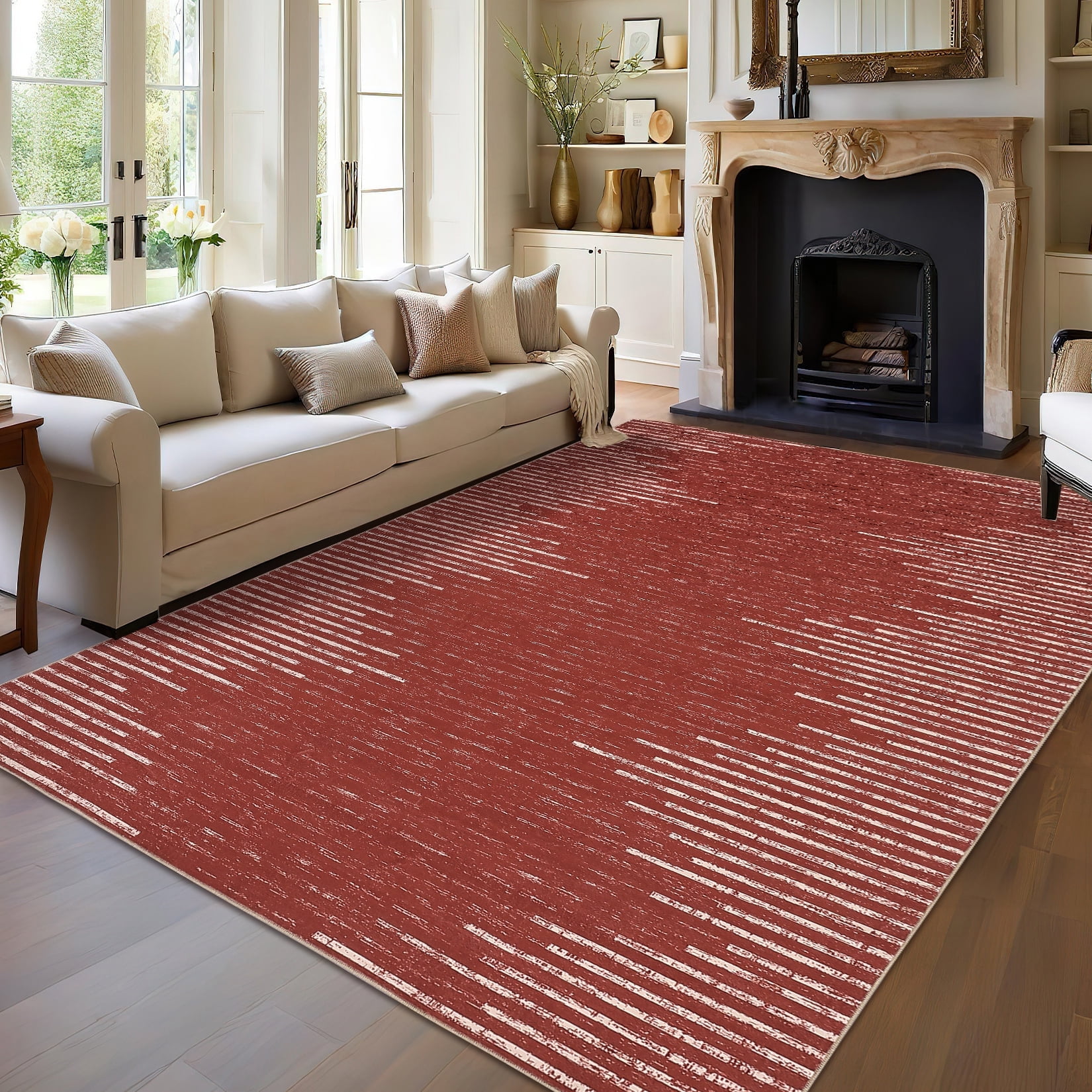 GlowSol 9' x 12' Large Washable Rug Geometric Striped Area Rug Soft Non Slip Low Pile Stain Resistant Carpet for Living Room Bedroom, Red