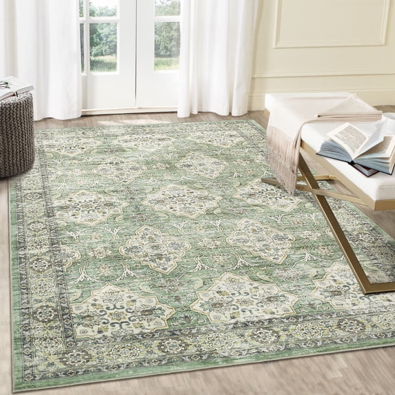 GlowSol 9' x 12' Large Washable Rugs Vintage Boho Rug Floral Area Rug Non Slip Low Pile Soft Carpet for Living Room Bedroom, Green