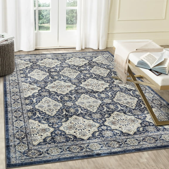 GlowSol 9' x 12' Large Washable Rugs Vintage Boho Rug Floral Area Rug Non Slip Low Pile Soft Carpet for Living Room Bedroom, Navy Blue
