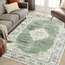 GlowSol 9' x 12' Large Washable Rugs for Living Room Bedroom Vintage Boho Rug Floral Medallion Rug Non Slip Low Pile Soft Carpet, Green