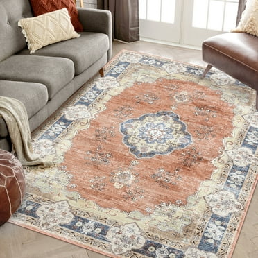 GlowSol 9' x 12' Large Washable Rugs for Living Room Bedroom Vintage Boho Rug Floral Medallion Rug Non Slip Low Pile Soft Carpet, Orange