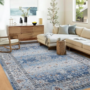 GlowSol 9' x 12' Large Washable Rugs for Living Room Bedroom Vintage Boho Rug Floral Rug Non Slip Low Pile Soft Carpet, Blue