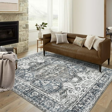 GlowSol 9' x 12' Large Washable Rugs for Living Room Bedroom Vintage Boho Rug Floral Rug Non Slip Low Pile Soft Carpet, Gray Blue