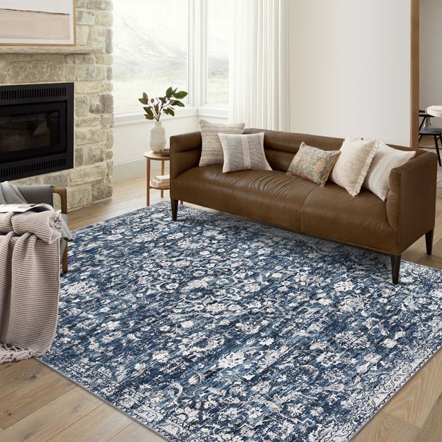 GlowSol 9' x 12' Large Washable Rugs for Living Room Bedroom Vintage Floral Distressed Rug Non Slip Non Shedding Throw Rugs, Blue